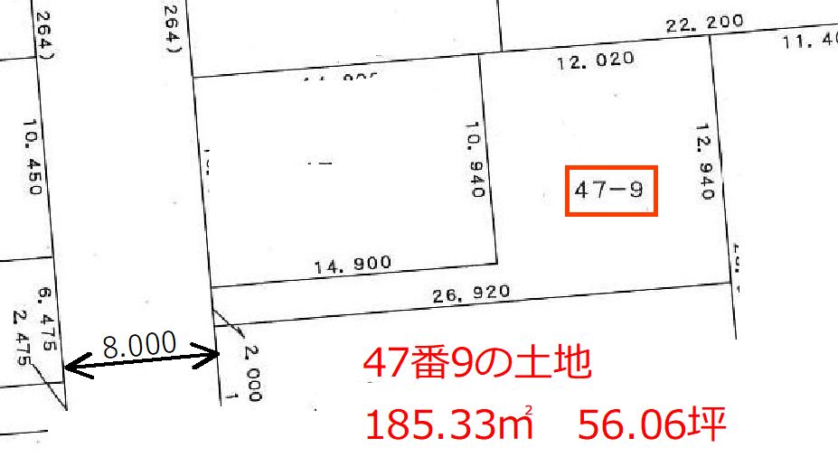 帯広市西18条南5丁目47-9　売地（旗竿地）　解体更地渡し　建築条件なし　 間取り