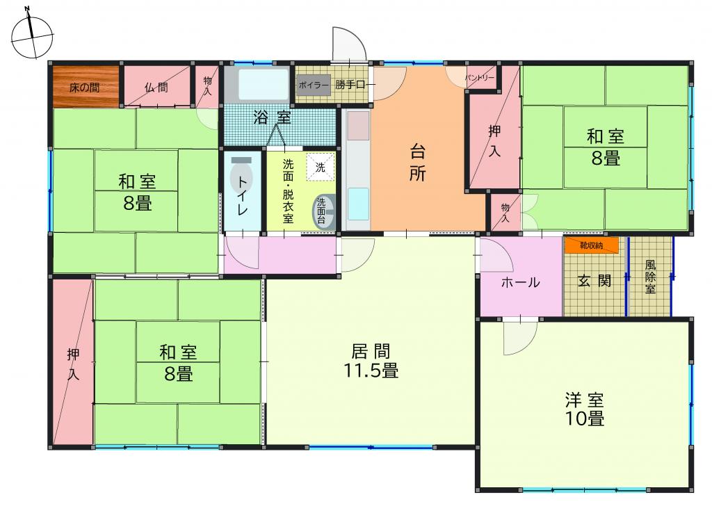士幌町市街地 三方角地にゆとりある３３坪平屋住宅 間取り