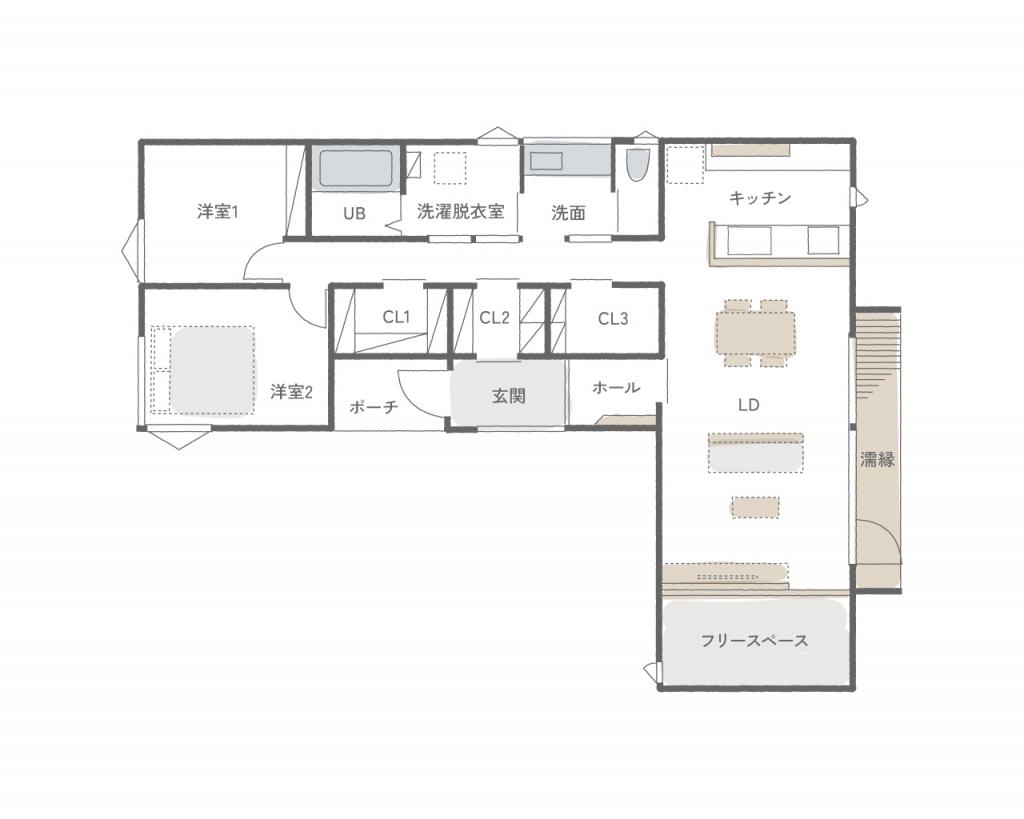 北王建築｜平屋宝来モデルハウス 間取り