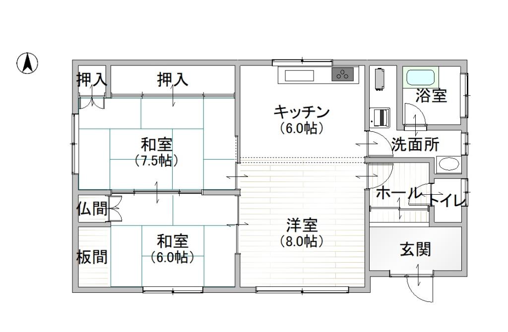 新通北１丁目の南西角地のリノベ向き中古平屋住宅 間取り