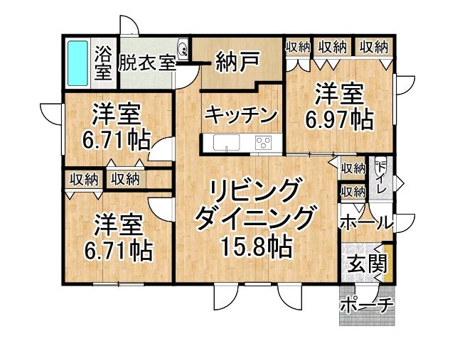 音更町ひびき野東町　※商談中【南道路付き！３ＳＬＤＫ平家建て！】 間取り