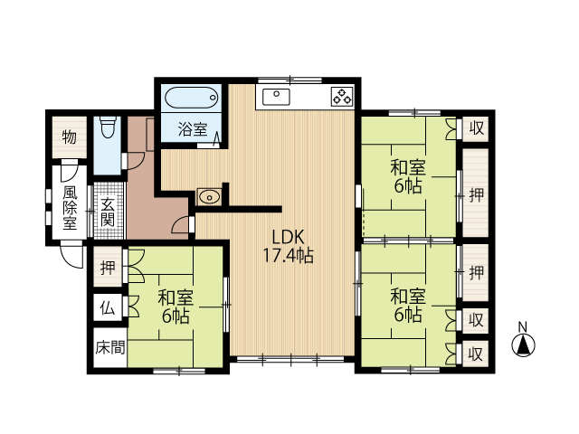 札内北栄町★人気の平家・駐車４台可・南東角地で陽当たり良好・水回り（キッチン・浴室・トイレ・洗面台）リフォーム済みです★ 間取り